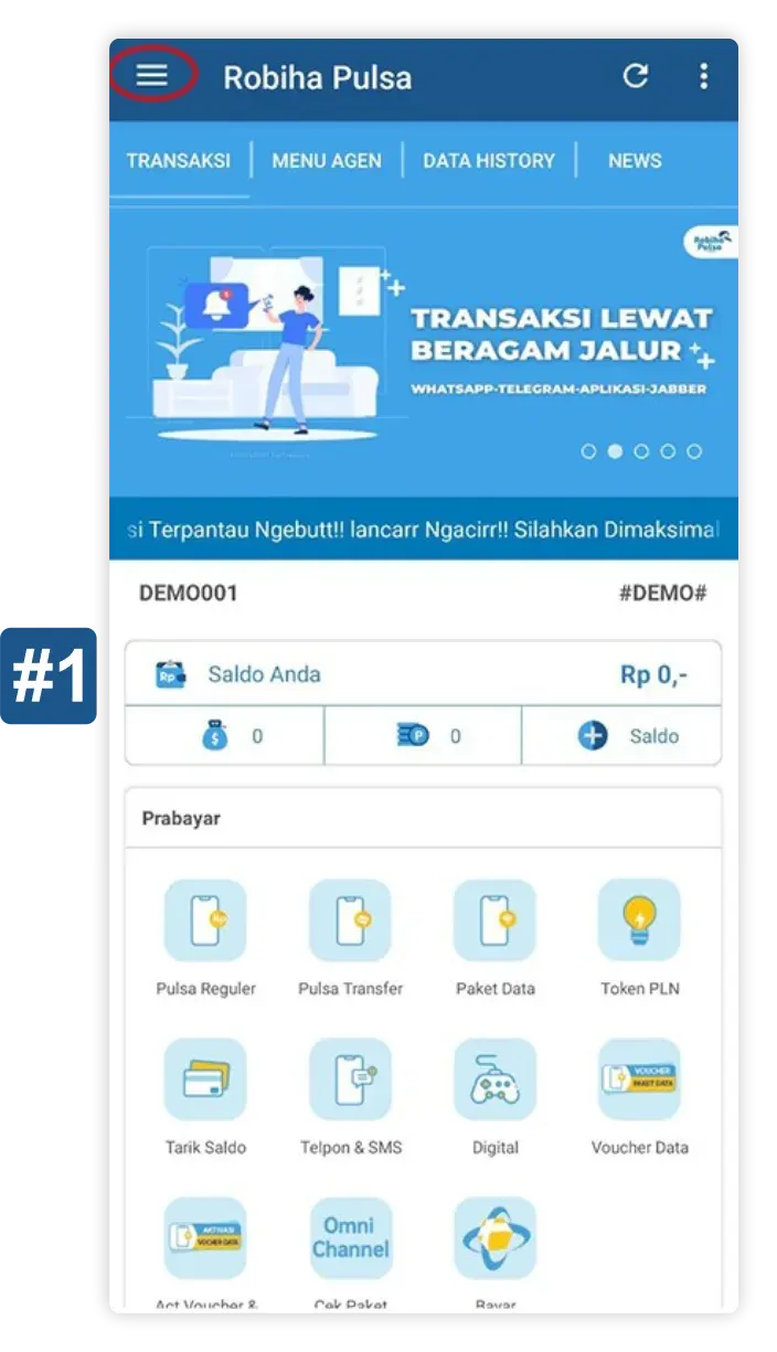 Buka side menu di kiri atas aplikasi Robiha Pulsa